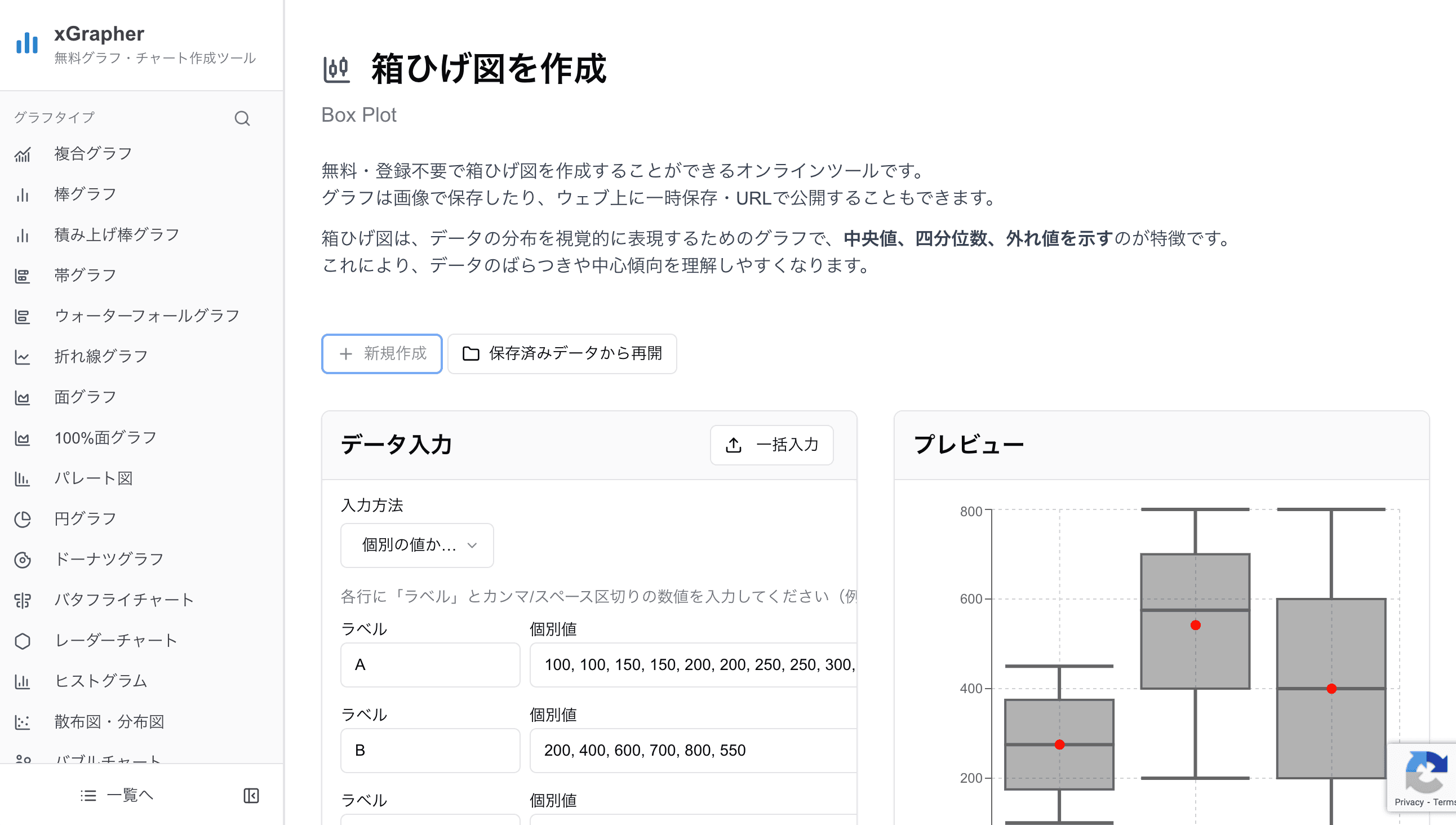 xGrapherの箱ひげ図の操作画面