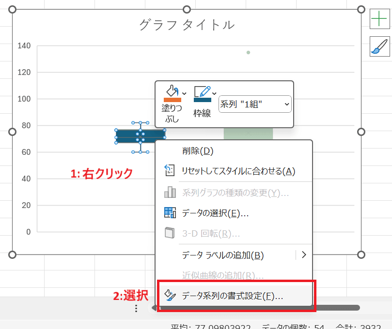 目的の1つの箱だけが選択された状態で、右クリックして「データ系列の書式設定」を選択