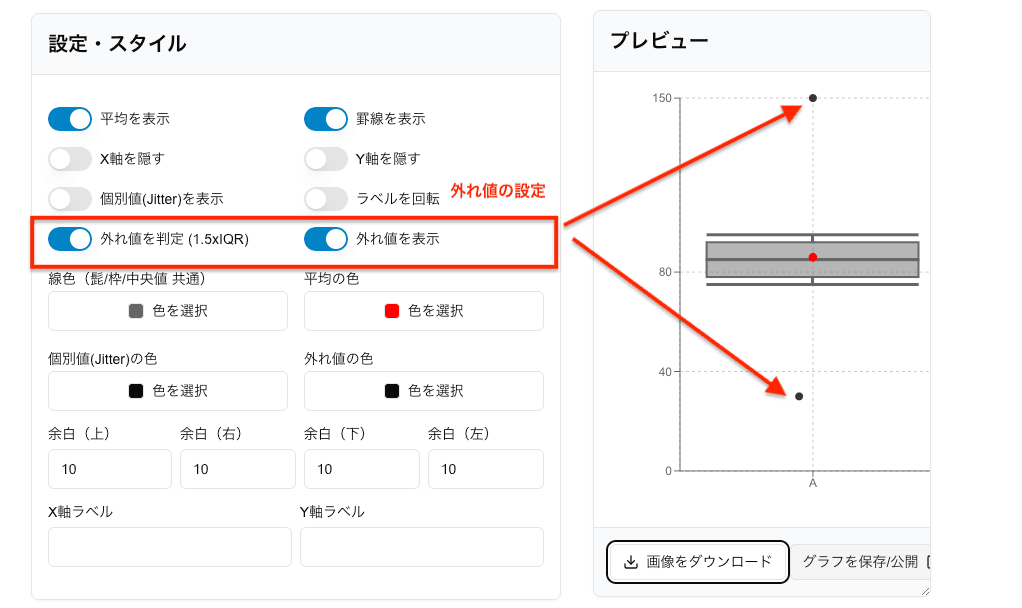 xGrapherの外れ値のオプション選択画面