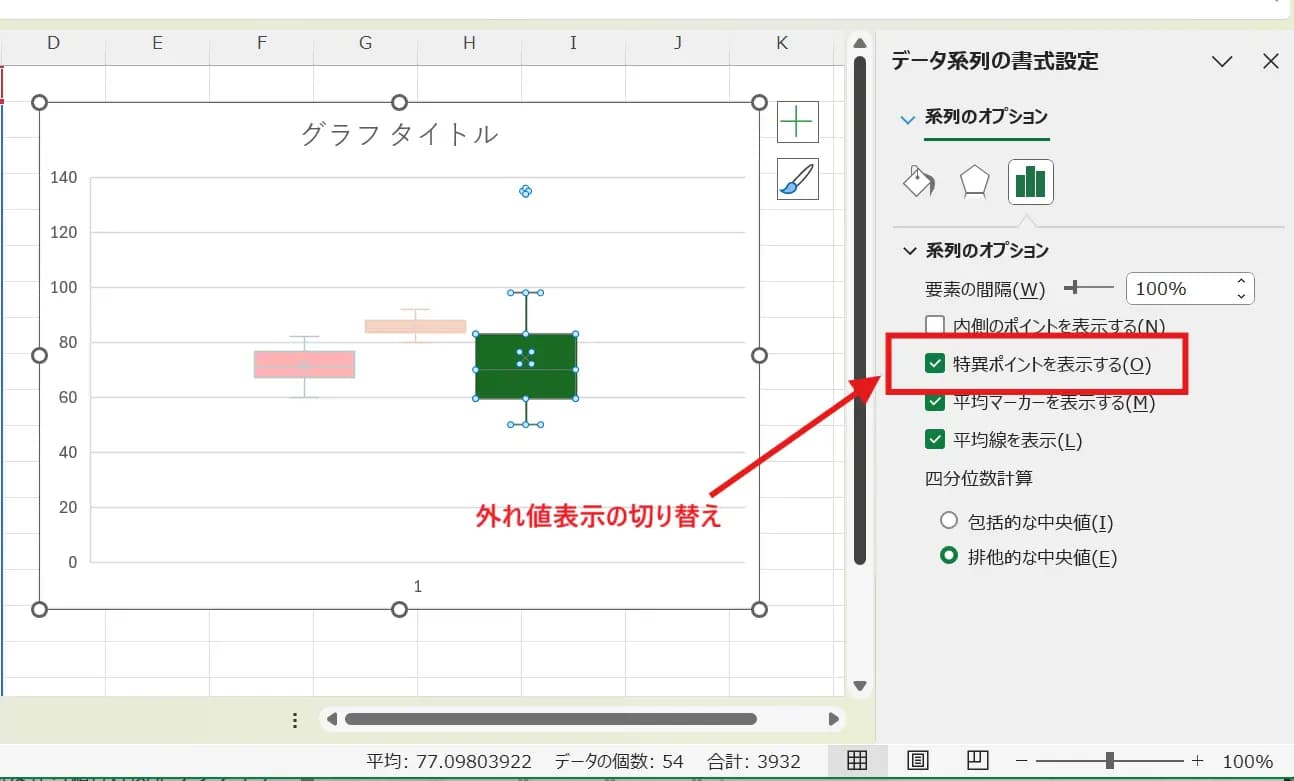 Excelで外れ値の表示・非表示を切り替える