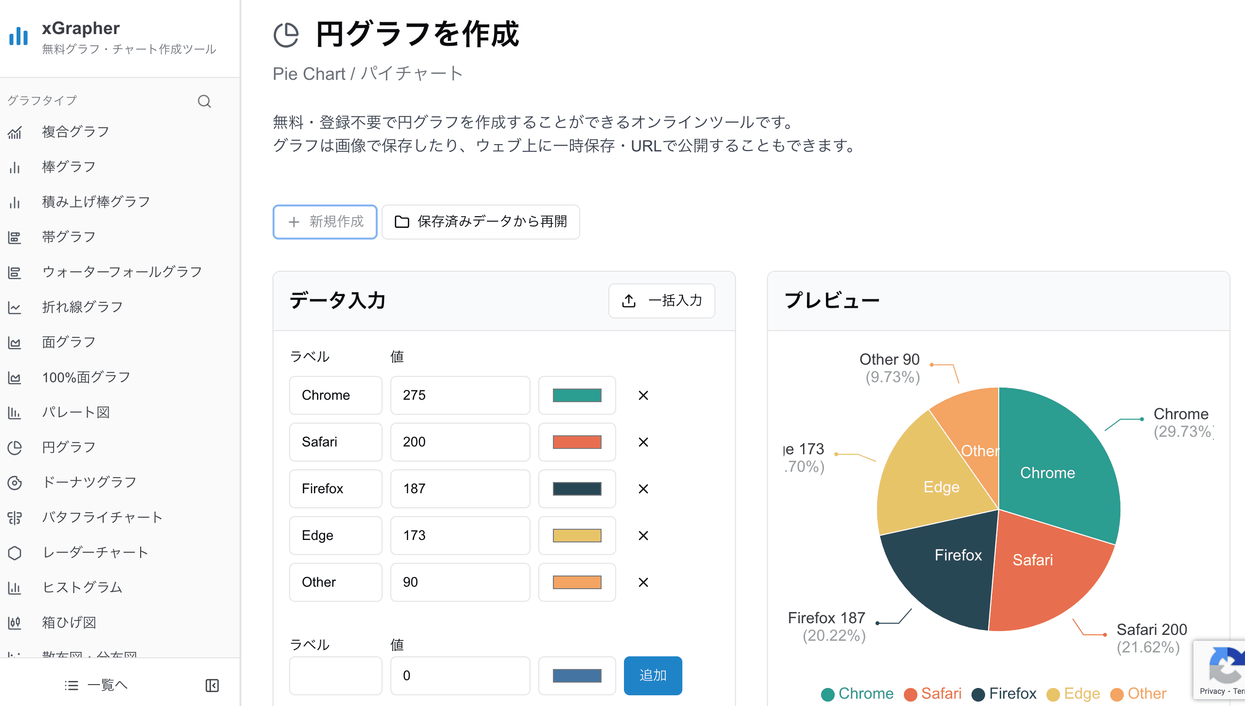 xGrapherの円グラフ作成画面