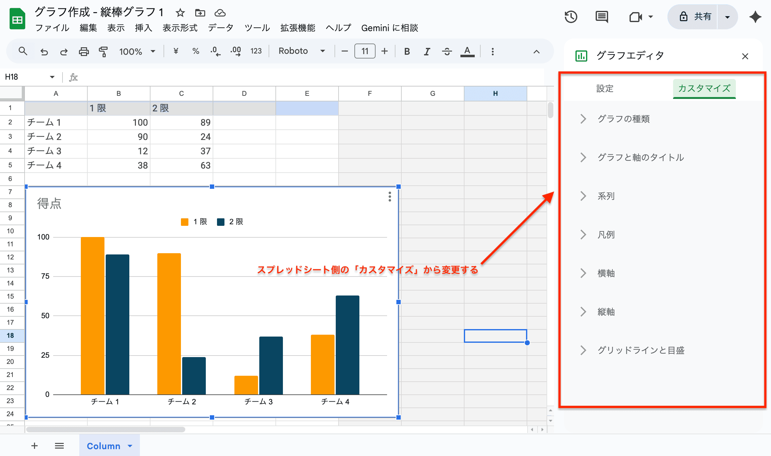 グラフはスプレッドシートからカスタマイズする