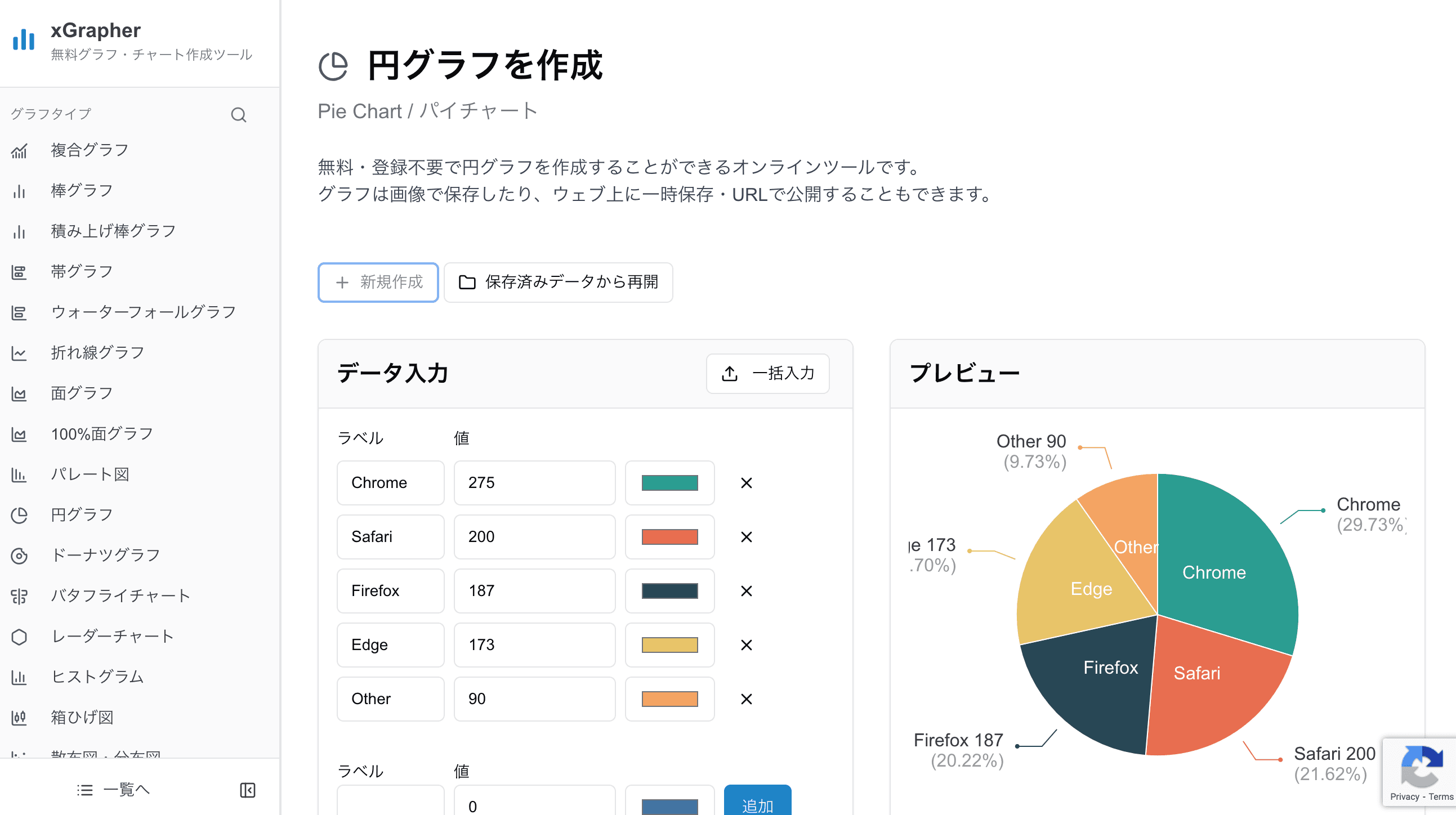 xGrapherの円グラフ作成画面
