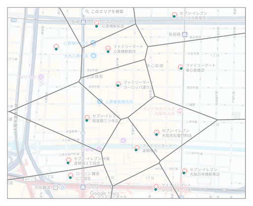 ボロノイ図の例（コンビニの縄張り）