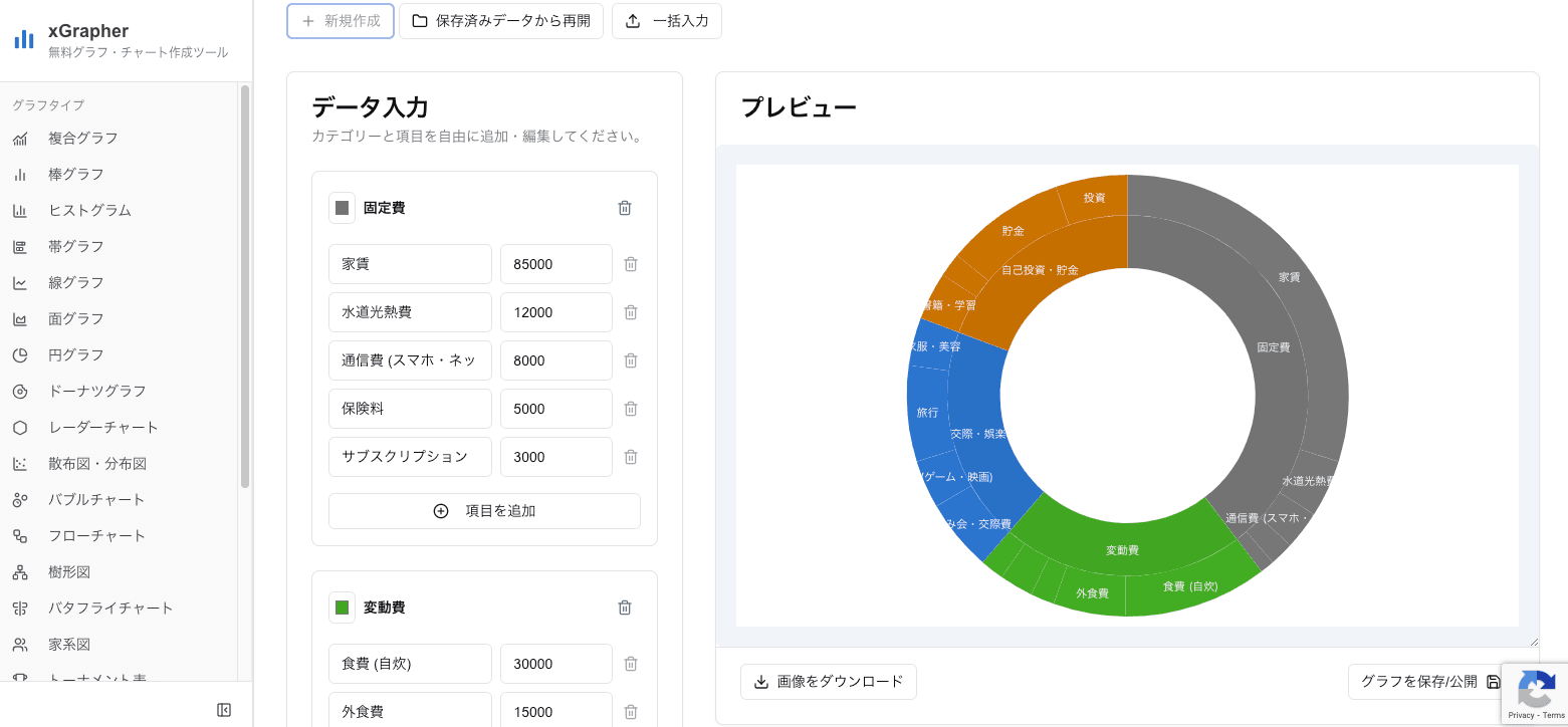 xGrapherのサンバーストチャート作成画面