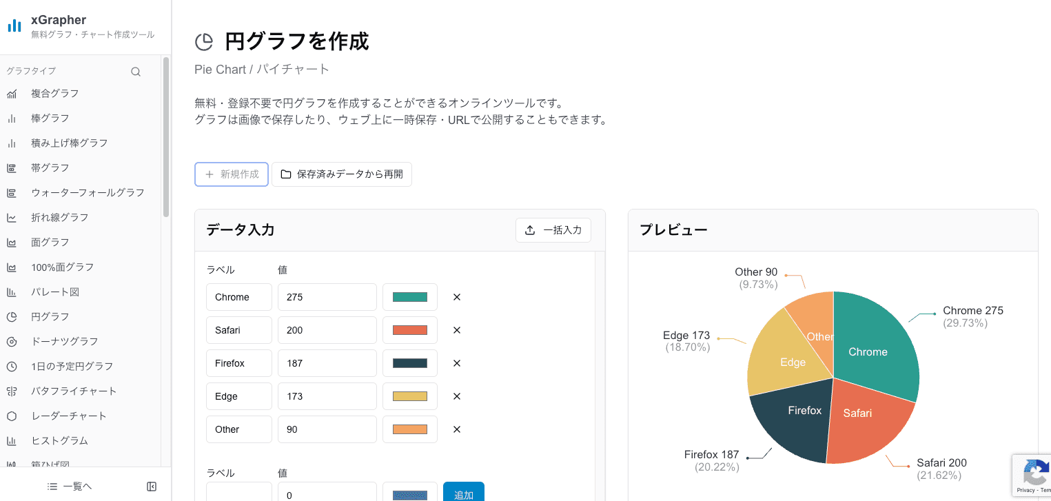 xGrapherの円グラフ作成画面