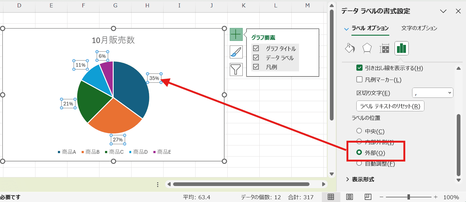 「ラベルの位置」を「外部」に設定