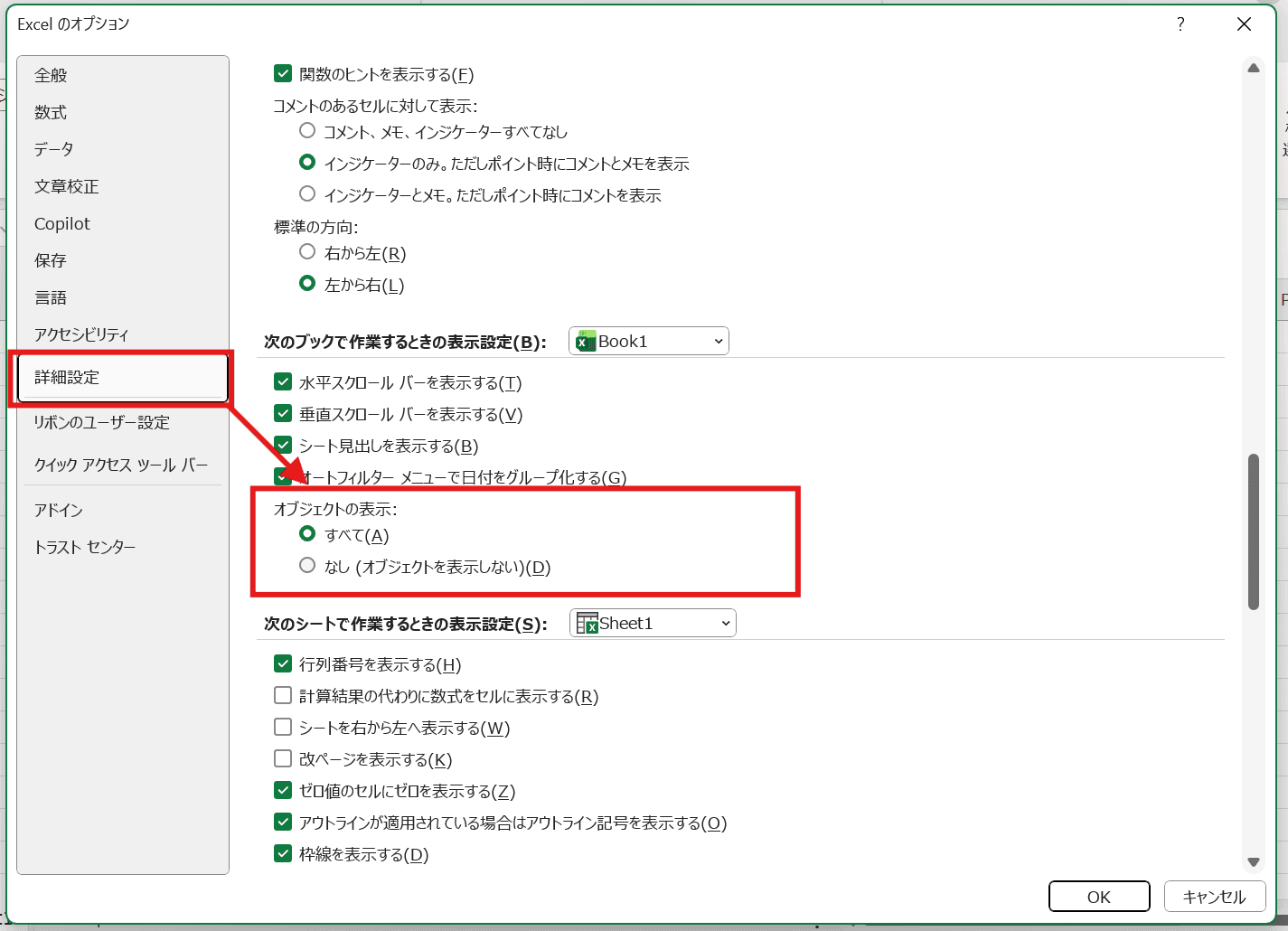 詳細設定からオブジェクト表示を「すべて」にする