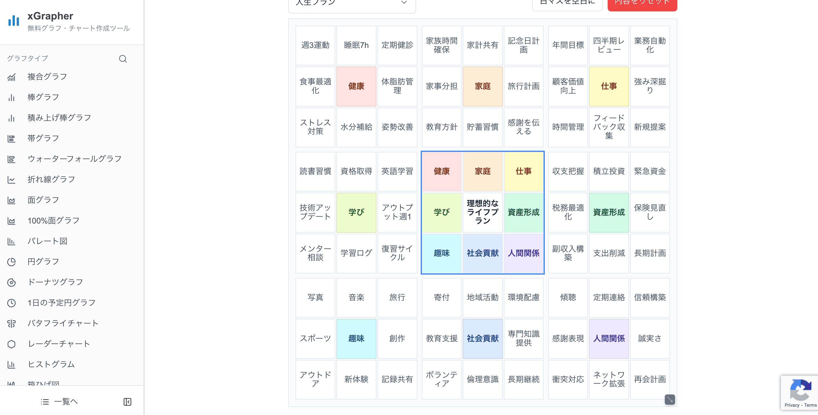xGrapherのマンダラチャート作成画面