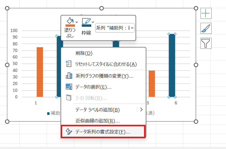 グラフの棒を右クリックし、「データ系列の書式設定」を開く