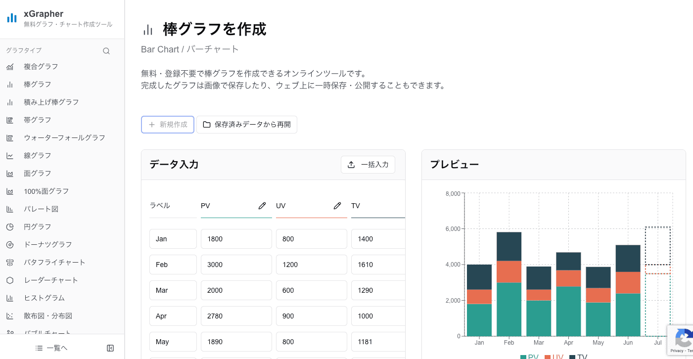 xGrapherの積み上げ棒グラフ作成画面