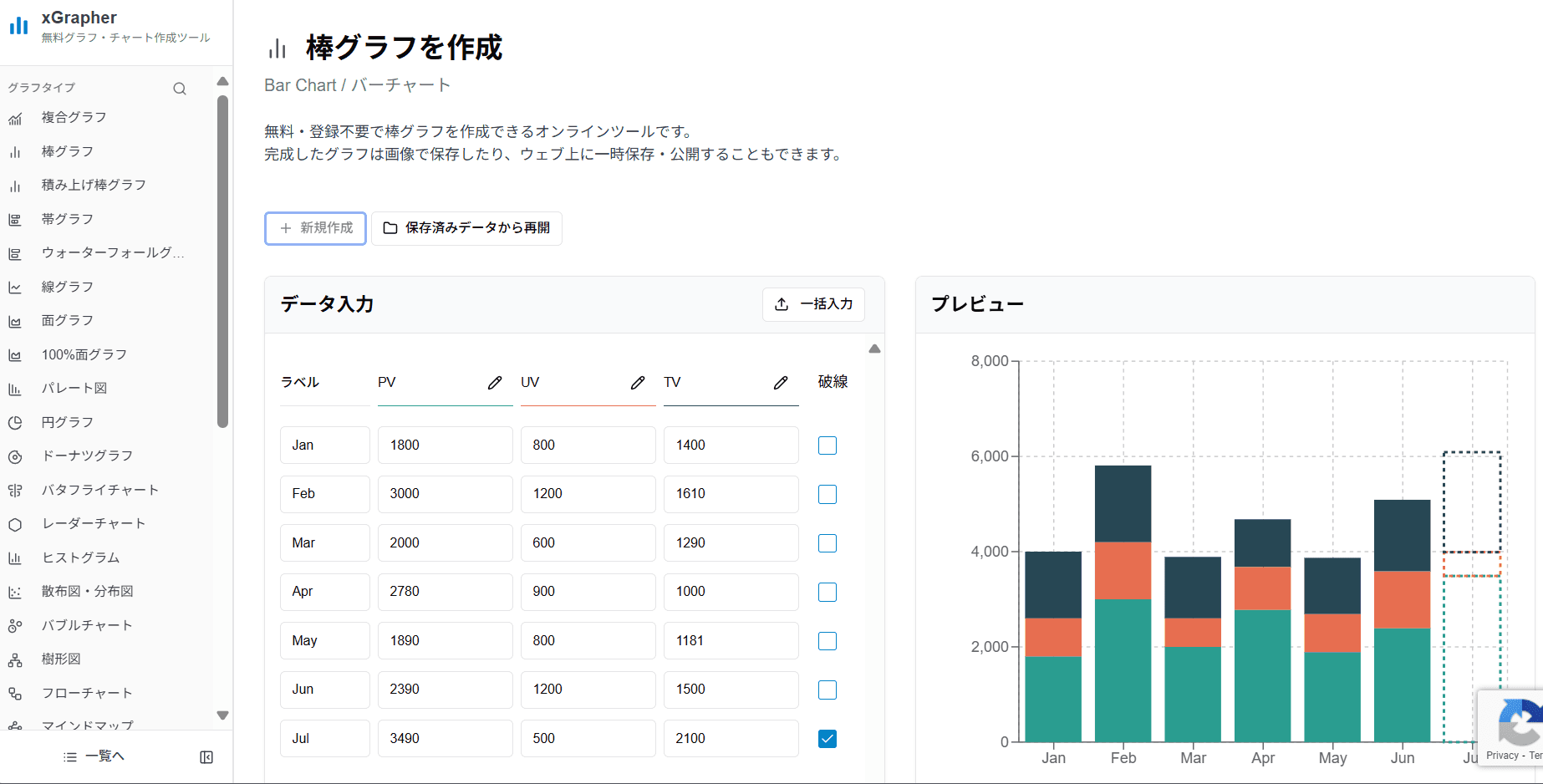 xGrapherの作成積み上げ棒グラフ作成画面