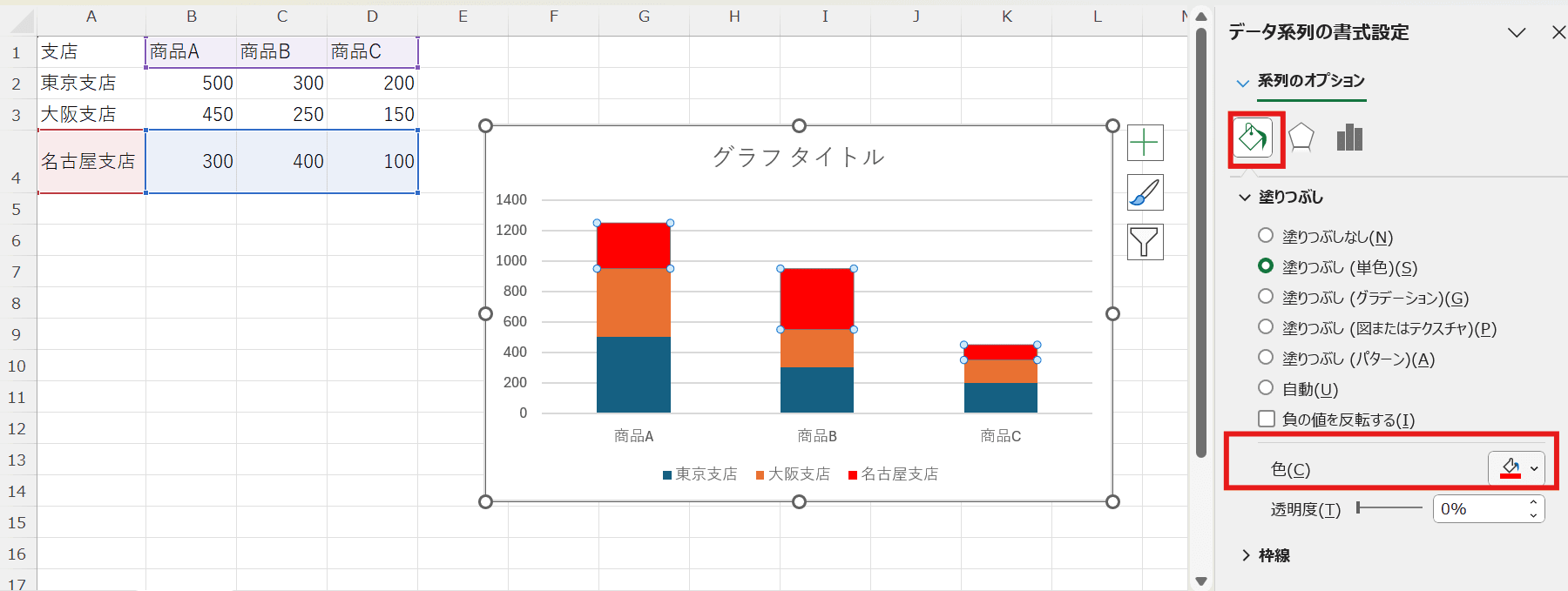 「データ系列の書式設定」から「塗りつぶし」を選択して好きな色に変更