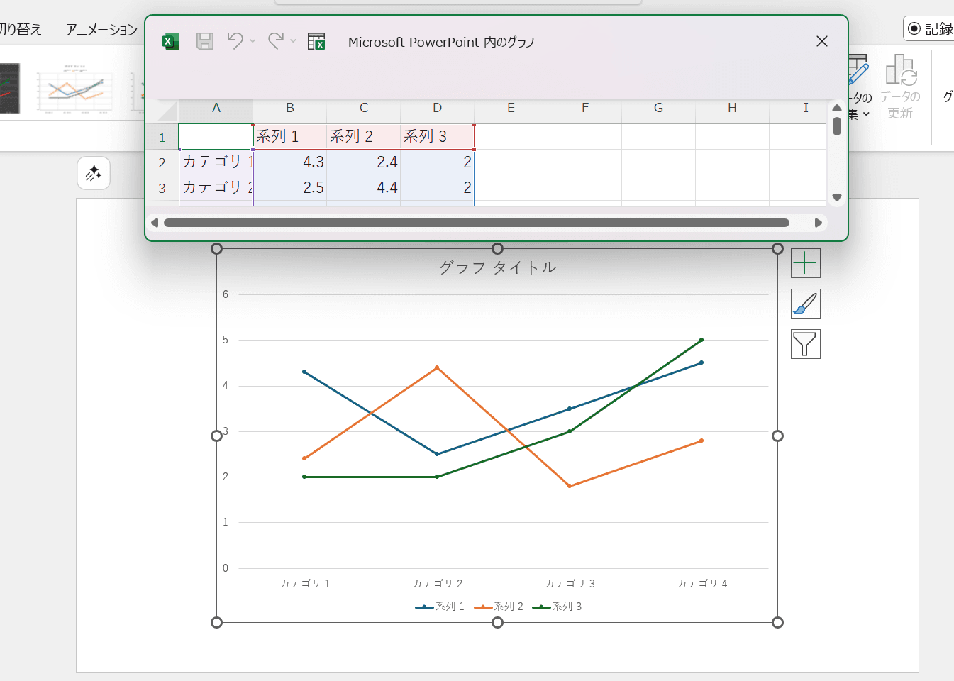 PowerPointの画面上にExcelのようなデータ入力シートが表示される