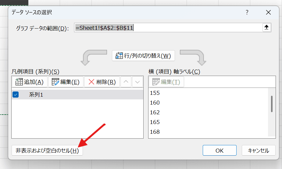 「非表示および空白のセル」ボタンをクリック