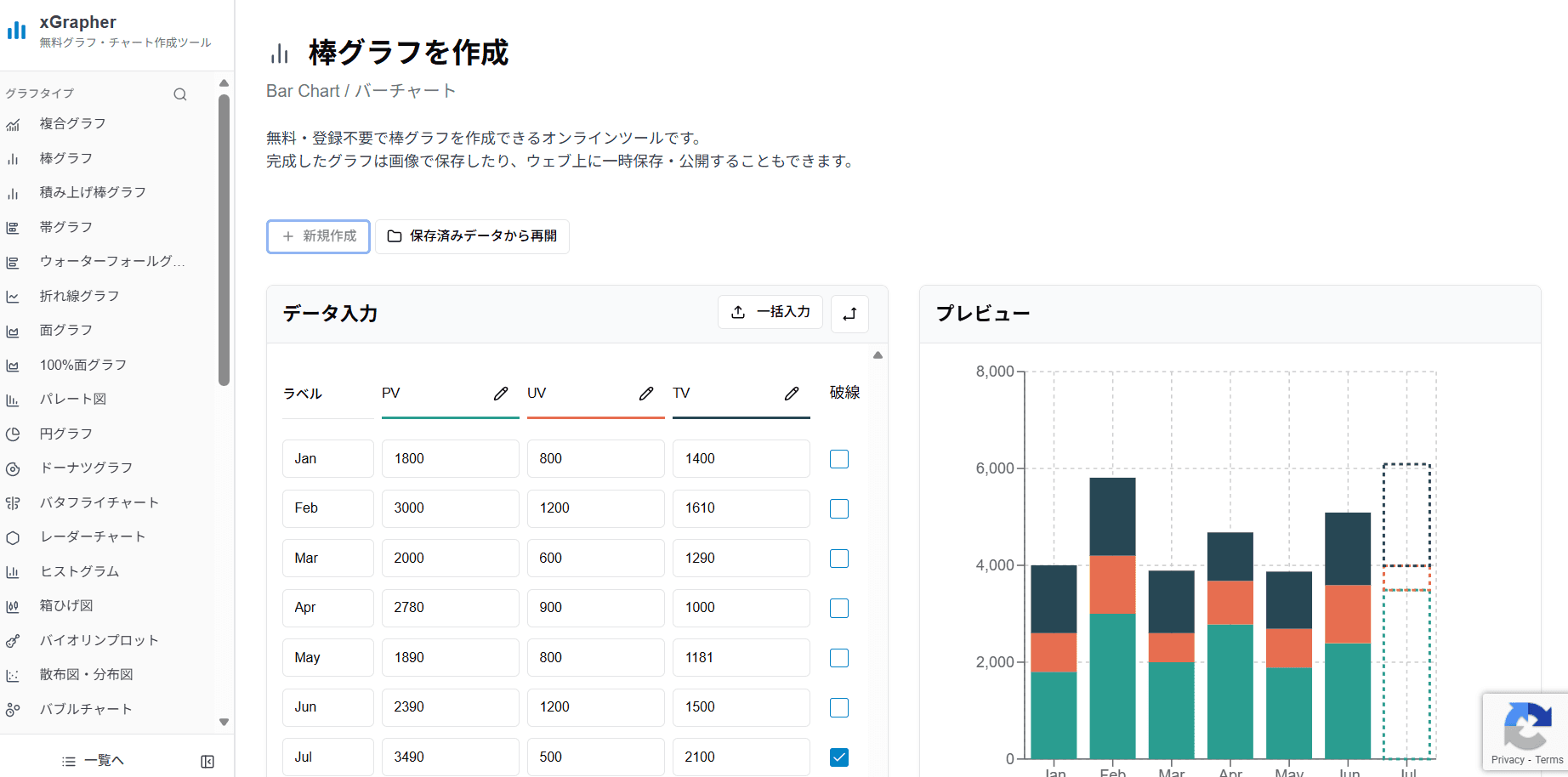 xGrapherの積み上げ棒グラフ作成画面 xGrapherの積み上げ棒グラフ作成画面