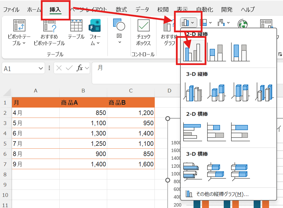 集合縦棒グラフを挿入する 集合縦棒グラフを挿入する