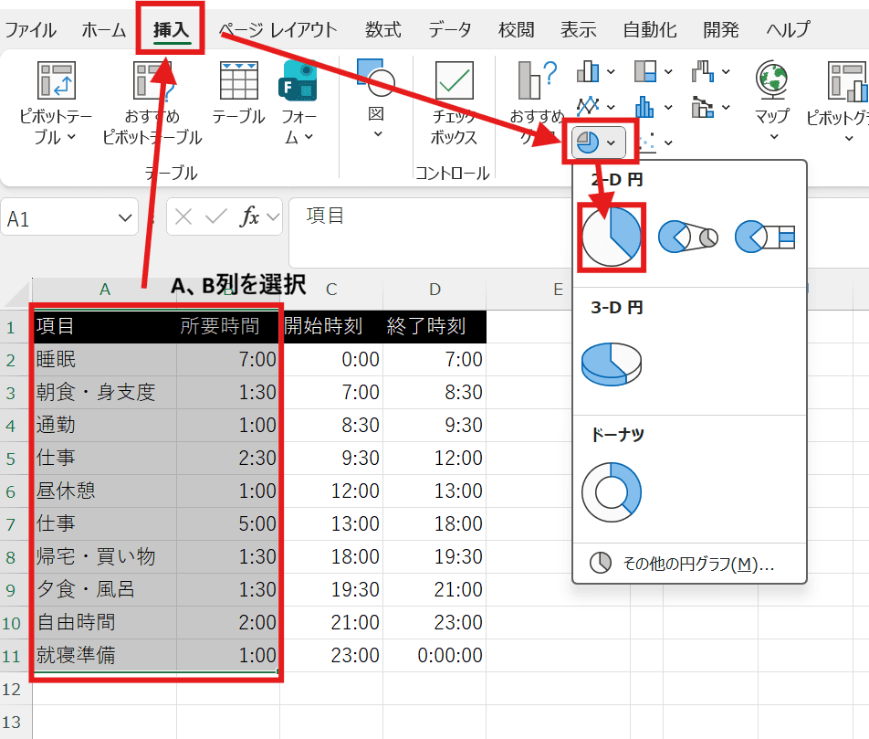 メニューの「挿入」タブから「円グラフ」を選択 メニューの「挿入」タブから「円グラフ」を選択