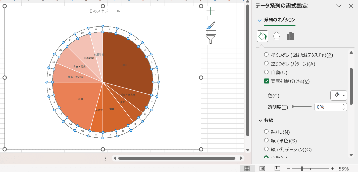 ドーナツグラフ自体をクリックし「塗りつぶし」と「枠線」を「なし(透明)」もしくは背景と同色に設定 ドーナツグラフ自体をクリックし「塗りつぶし」と「枠線」を「なし(透明)」もしくは背景と同色に設定