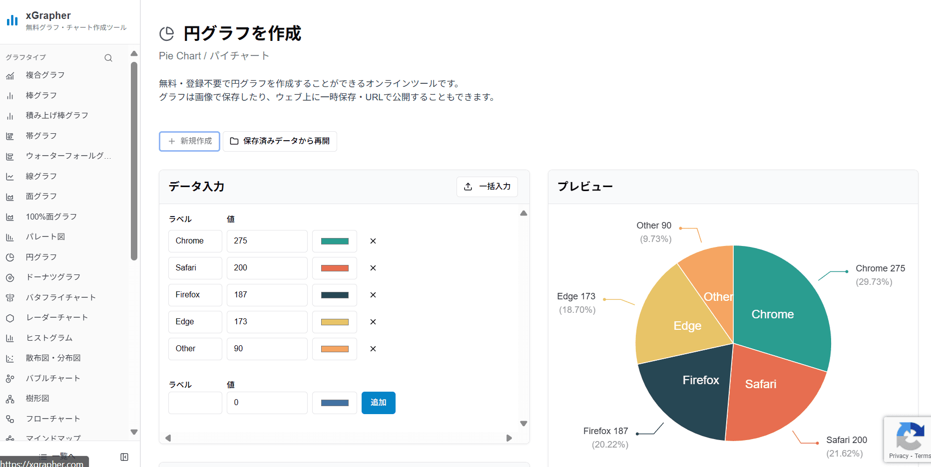 xGrapherの円グラフ作成画面 xGrapherの円グラフ作成画面