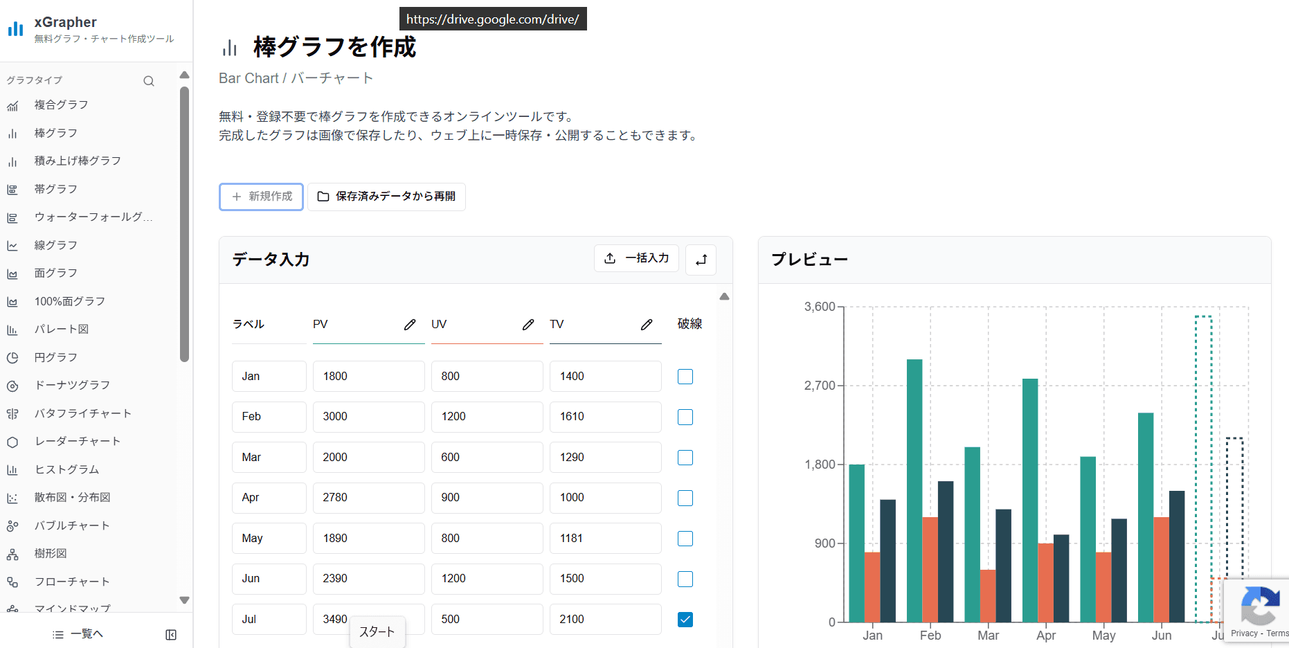 xGrapherの棒グラフ作成画面 xGrapherの棒グラフ作成画面