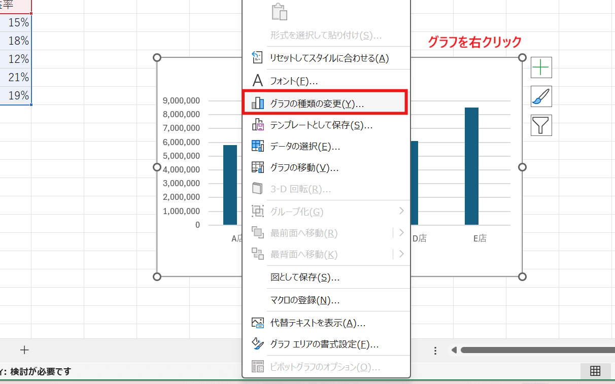グラフの種類の変更メニューの場所 グラフの種類の変更メニューの場所