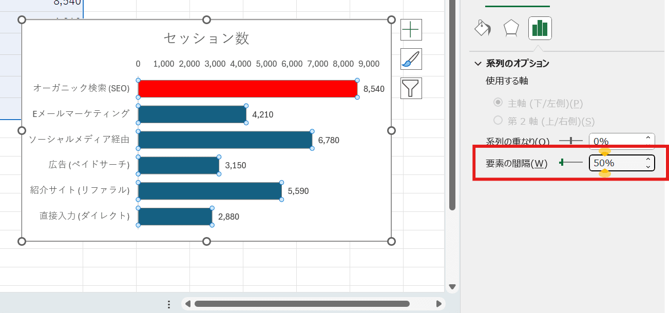 棒の間隔を調整して見栄えを良くする 棒の間隔を調整して見栄えを良くする