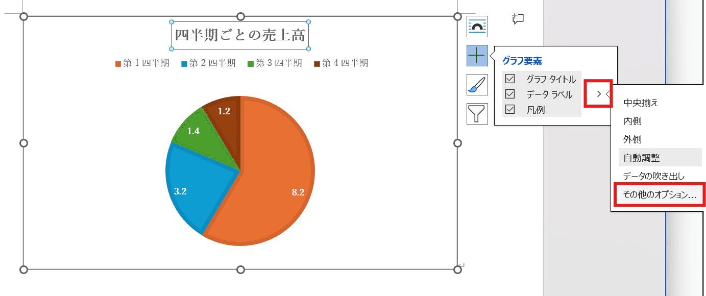 データラベルの右側にある矢印から「その他のオプション」を選択 データラベルの右側にある矢印から「その他のオプション」を選択