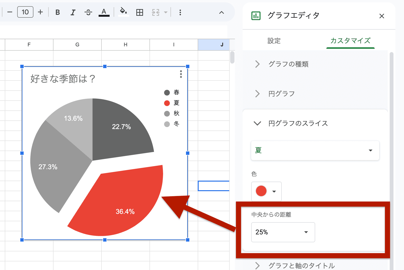 「円グラフ」セクションの「中央からの距離」で、強調したい項目を選んで数値を設定 「円グラフ」セクションの「中央からの距離」で、強調したい項目を選んで数値を設定