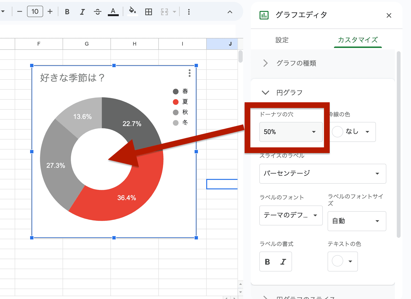 「円グラフ」セクションの「ドーナツの穴」にパーセンテージ(例: 50%)を入力 「円グラフ」セクションの「ドーナツの穴」にパーセンテージ(例: 50%)を入力