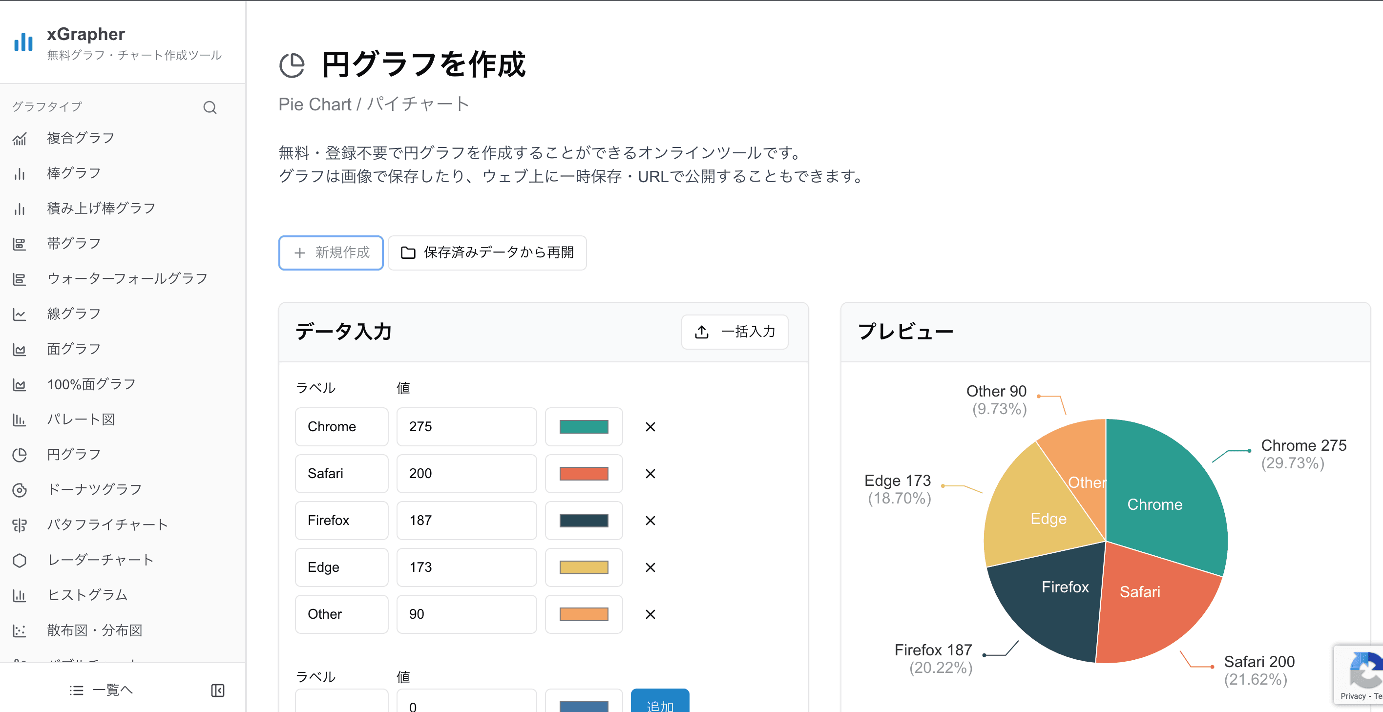 xGrapherの円グラフ作成画面 xGrapherの円グラフ作成画面
