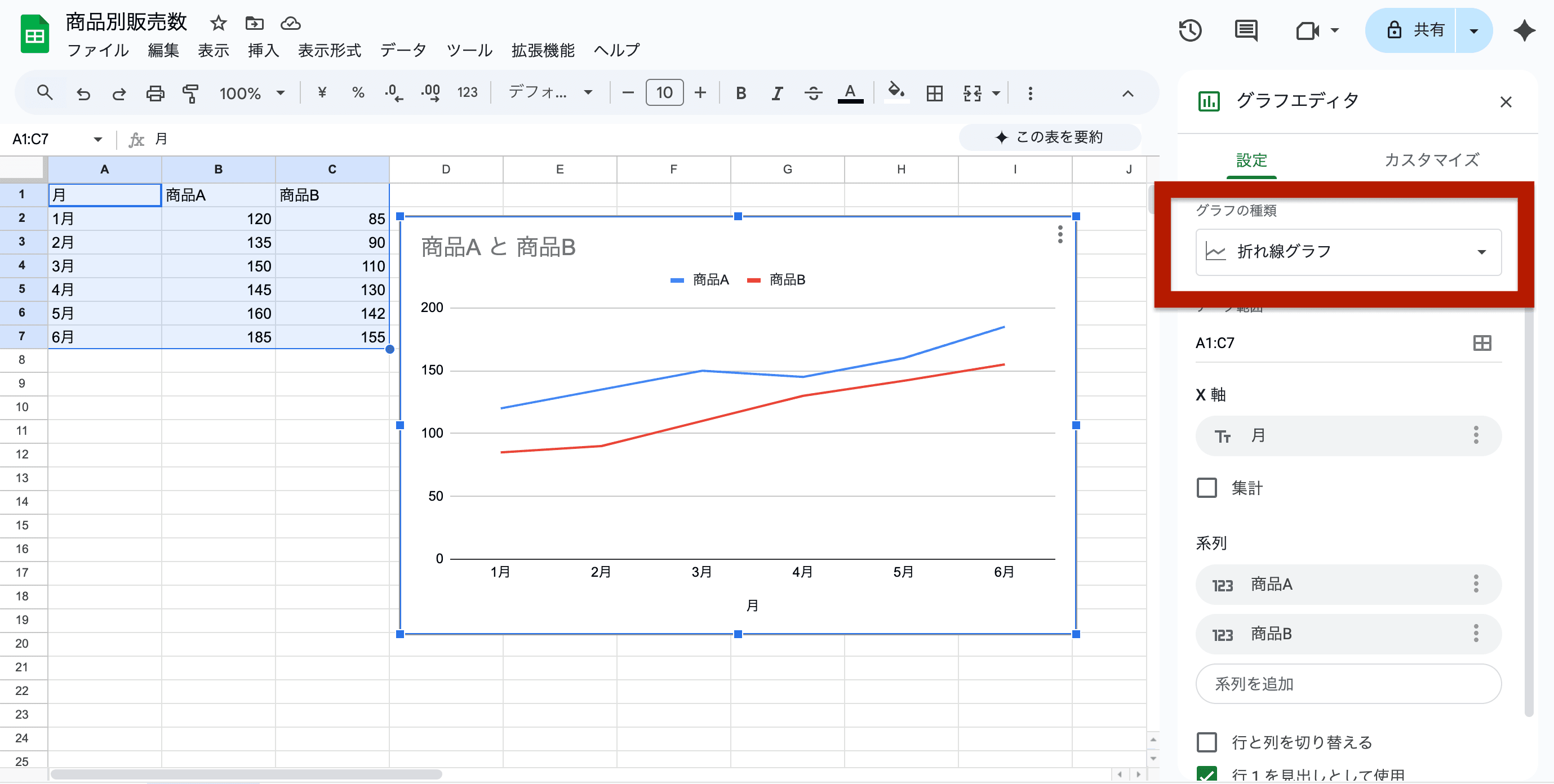 「設定」タブの中にある「グラフの種類」で「折れ線グラフ」を選択 「設定」タブの中にある「グラフの種類」で「折れ線グラフ」を選択