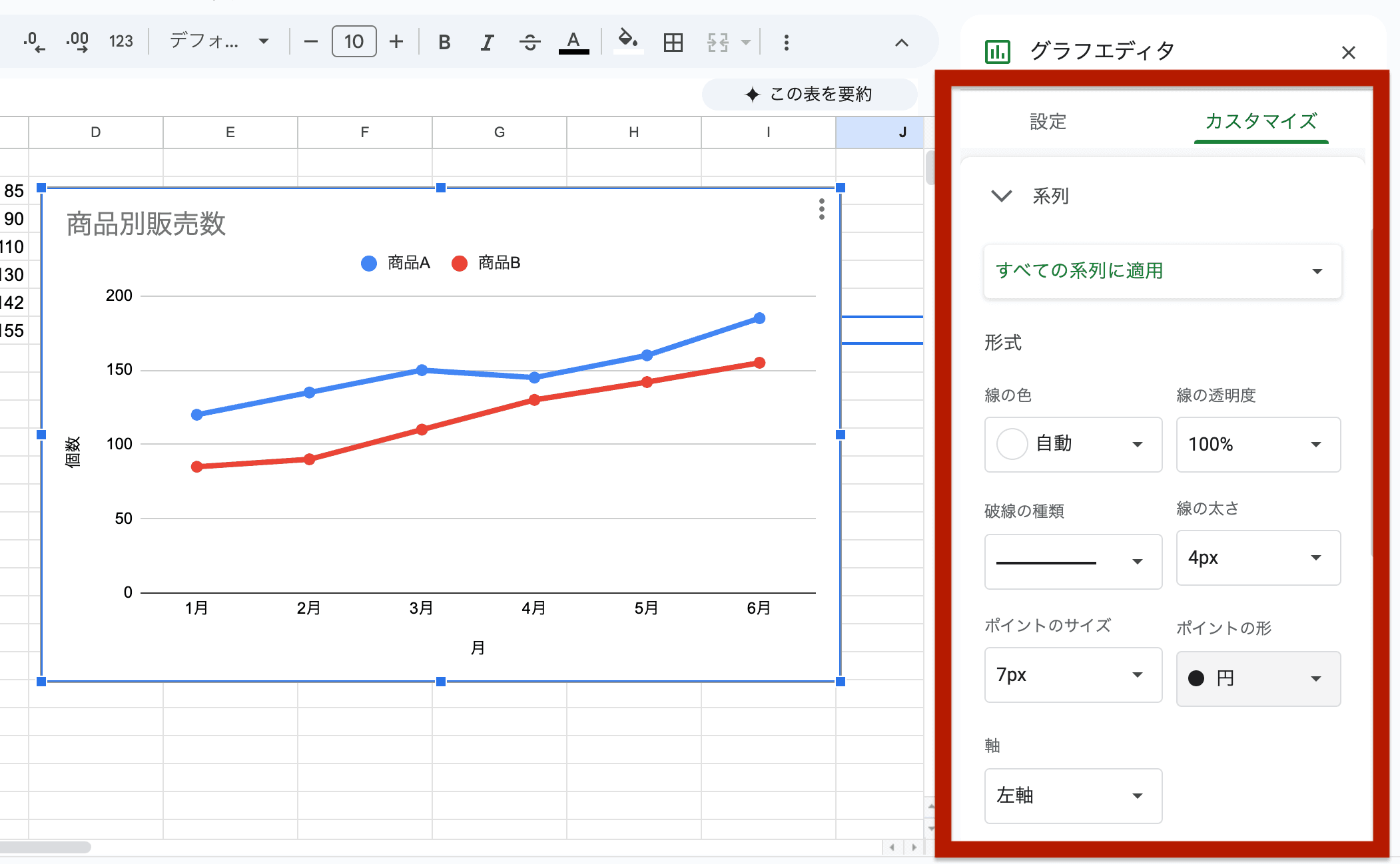 「系列」セクションで折れ線の色や太さ、データ点を表すマーカー(点)の形やサイズを変更 「系列」セクションで折れ線の色や太さ、データ点を表すマーカー(点)の形やサイズを変更