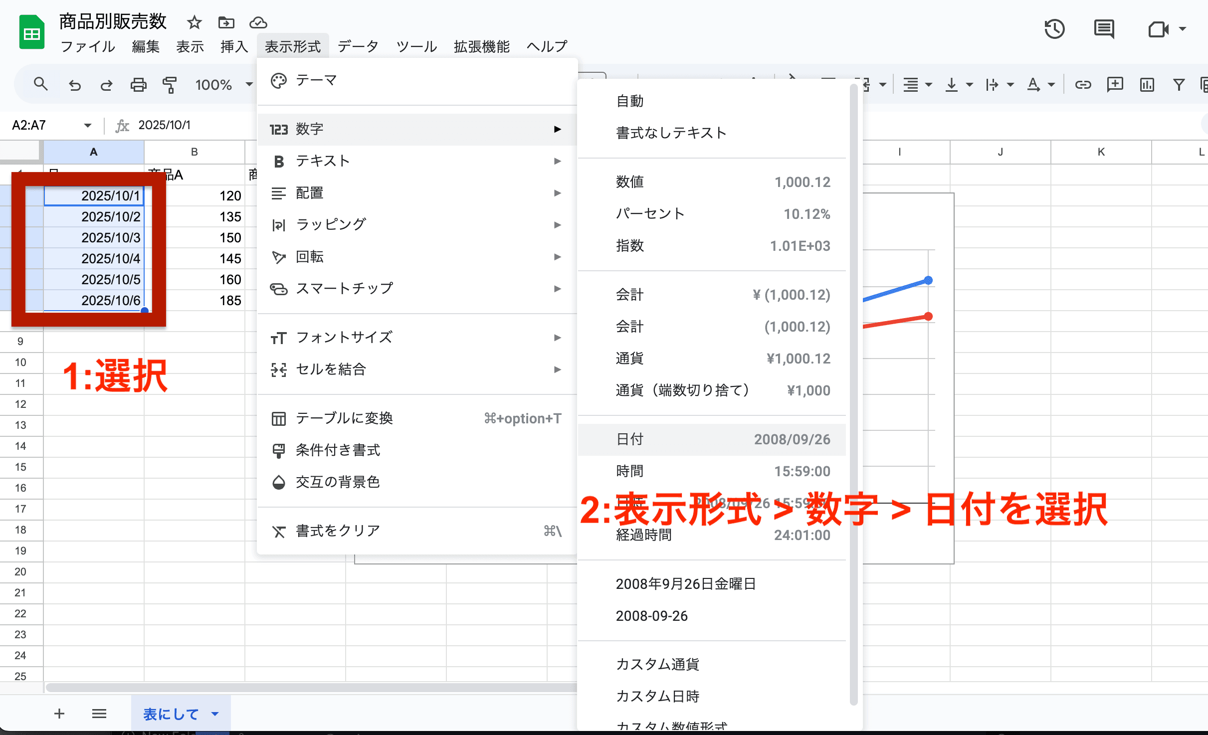 メニューバーの「表示形式」→「数字」→「日付」を選ぶ メニューバーの「表示形式」→「数字」→「日付」を選ぶ