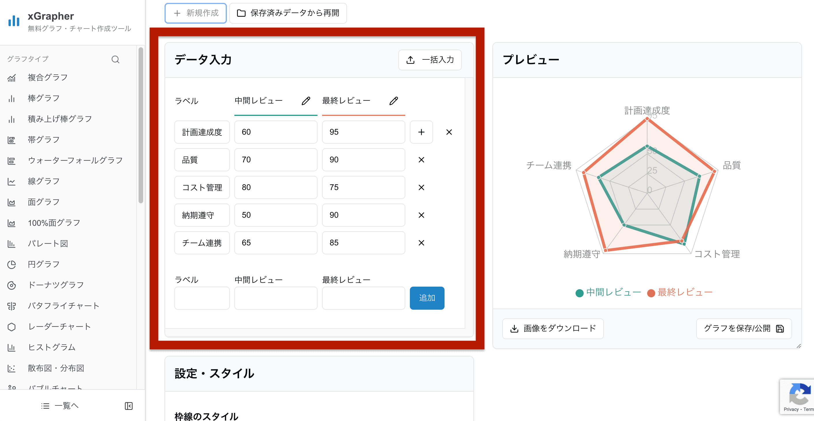 xGrapherのデータ入力欄 xGrapherのデータ入力欄
