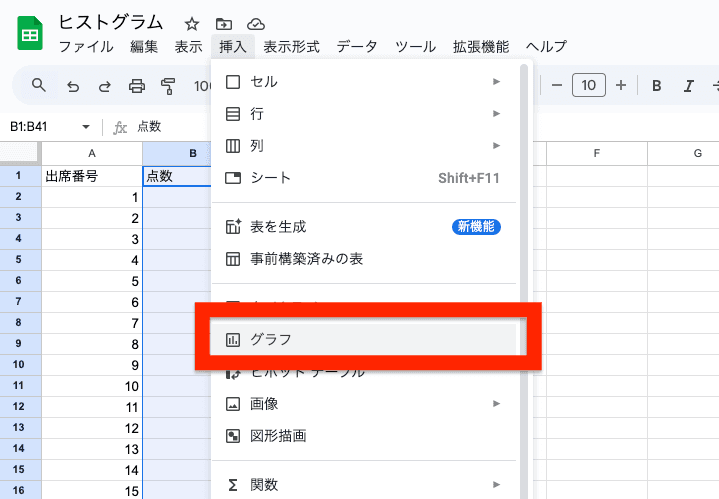 メニューバーから「挿入」→「グラフ」をクリック メニューバーから「挿入」→「グラフ」をクリック