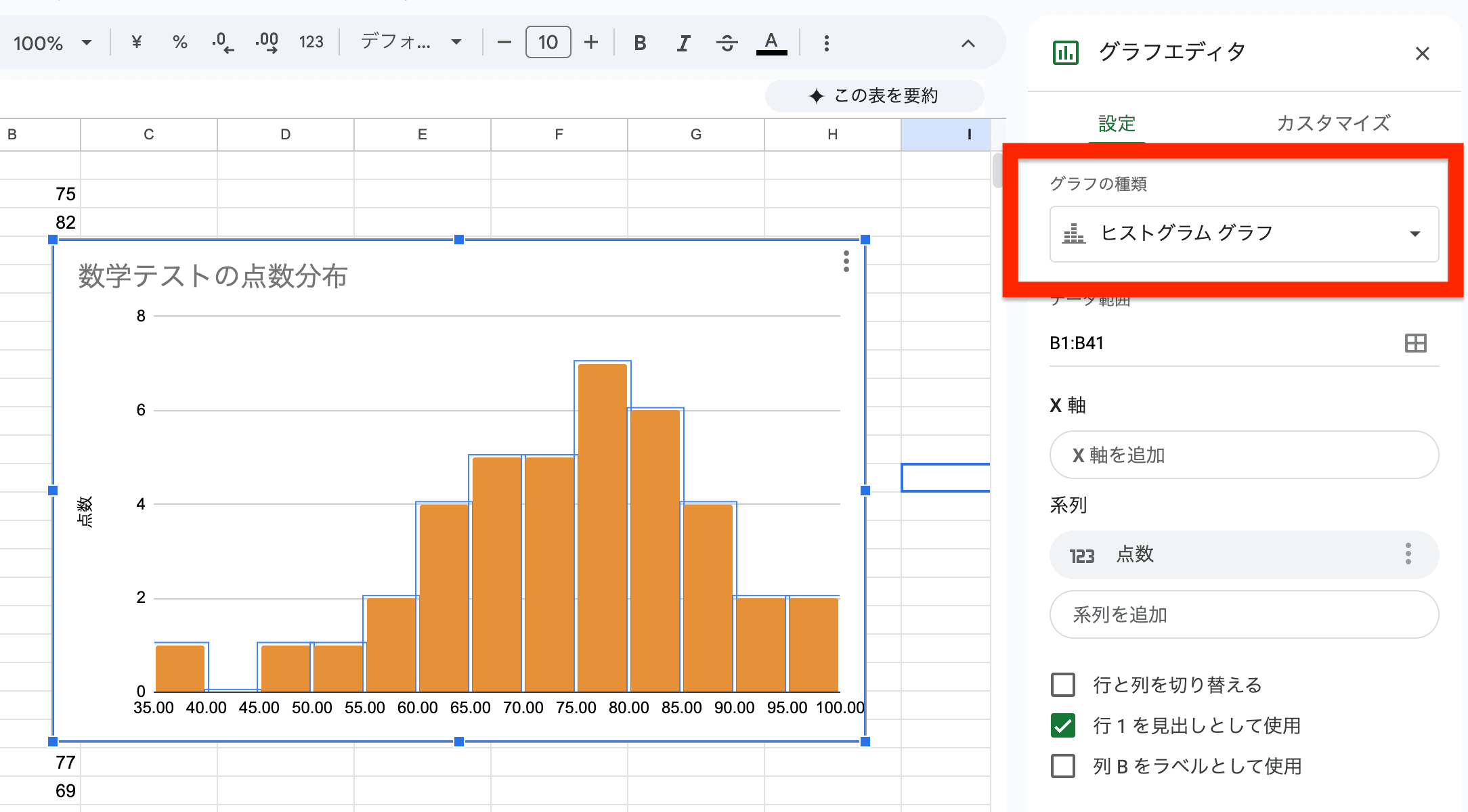 「設定」タブで、「グラフの種類」が「ヒストグラムグラフ」に正しく設定されているか確認 「設定」タブで、「グラフの種類」が「ヒストグラムグラフ」に正しく設定されているか確認