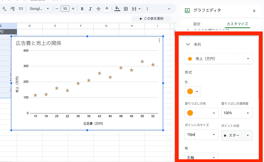 散布図の点(マーカー)の色や形の変更 散布図の点(マーカー)の色や形の変更