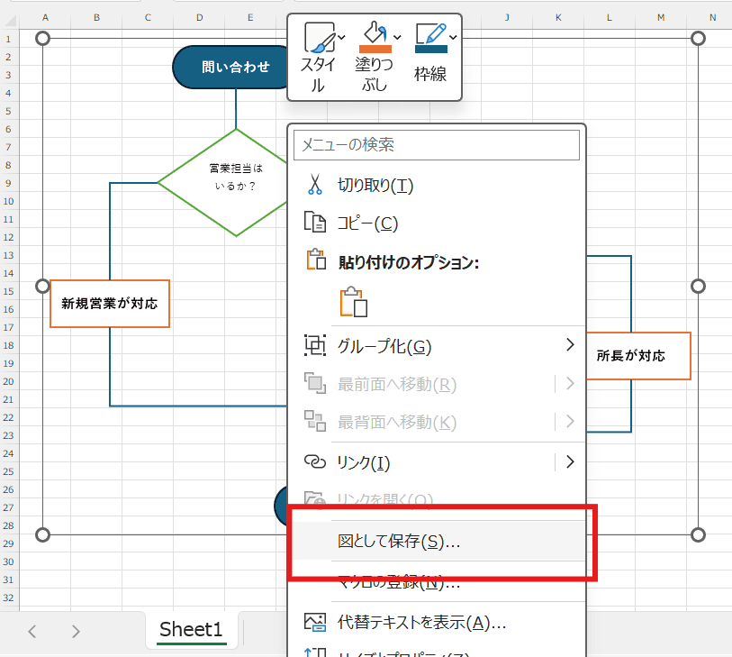グループ化されたオブジェクトを再度右クリックし、「図として保存」を選択 グループ化されたオブジェクトを再度右クリックし、「図として保存」を選択