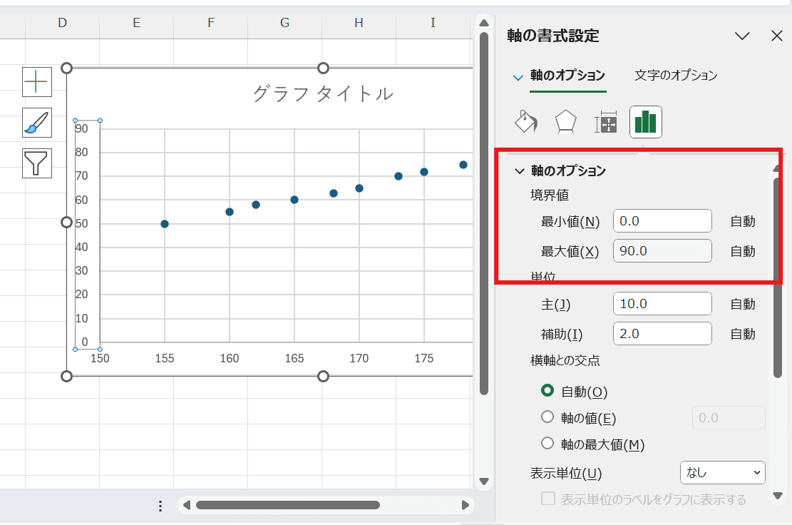 「境界値」の「最小値」と「最大値」に任意の数値を入力 「境界値」の「最小値」と「最大値」に任意の数値を入力