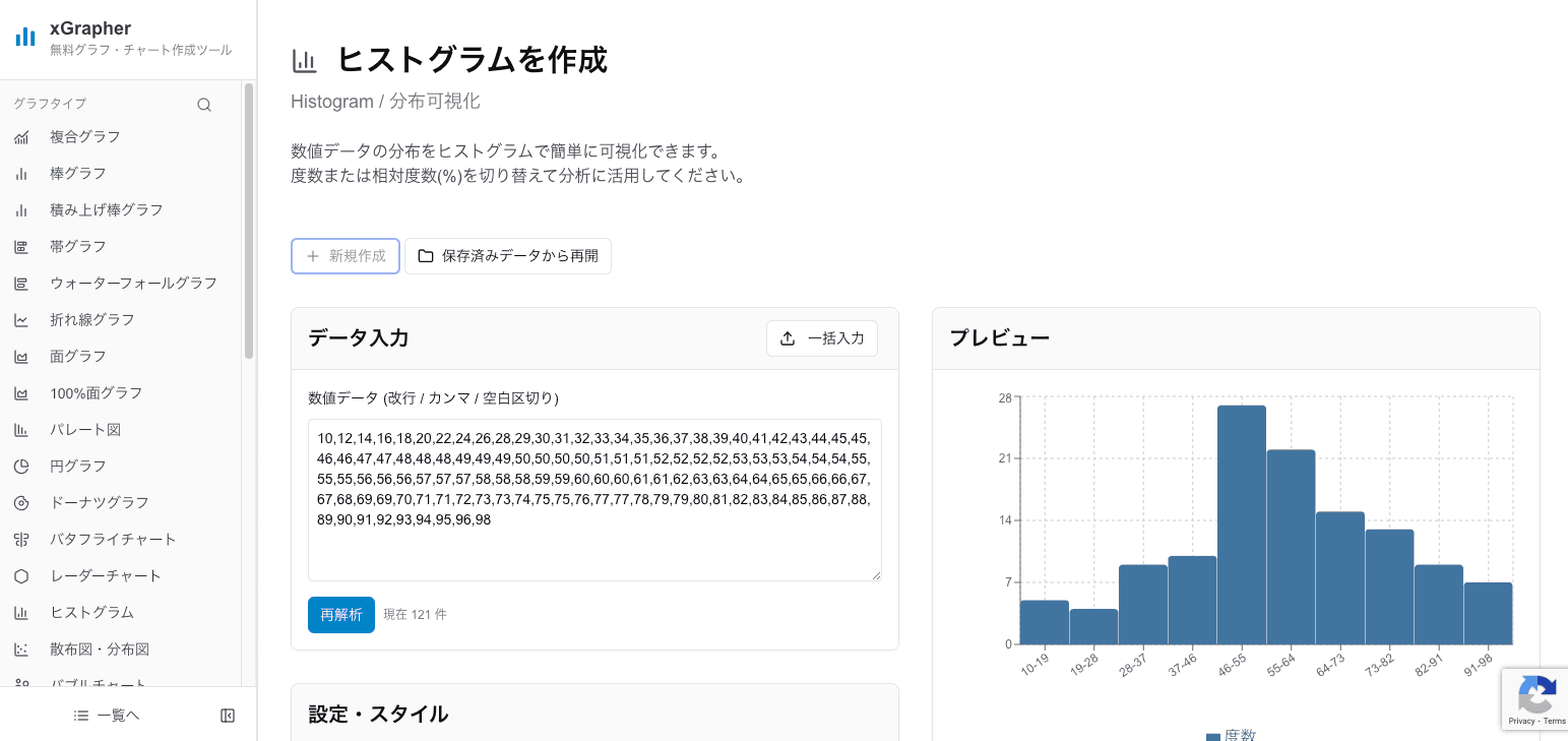 xGrapherのヒストグラム作成画面 xGrapherのヒストグラム作成画面