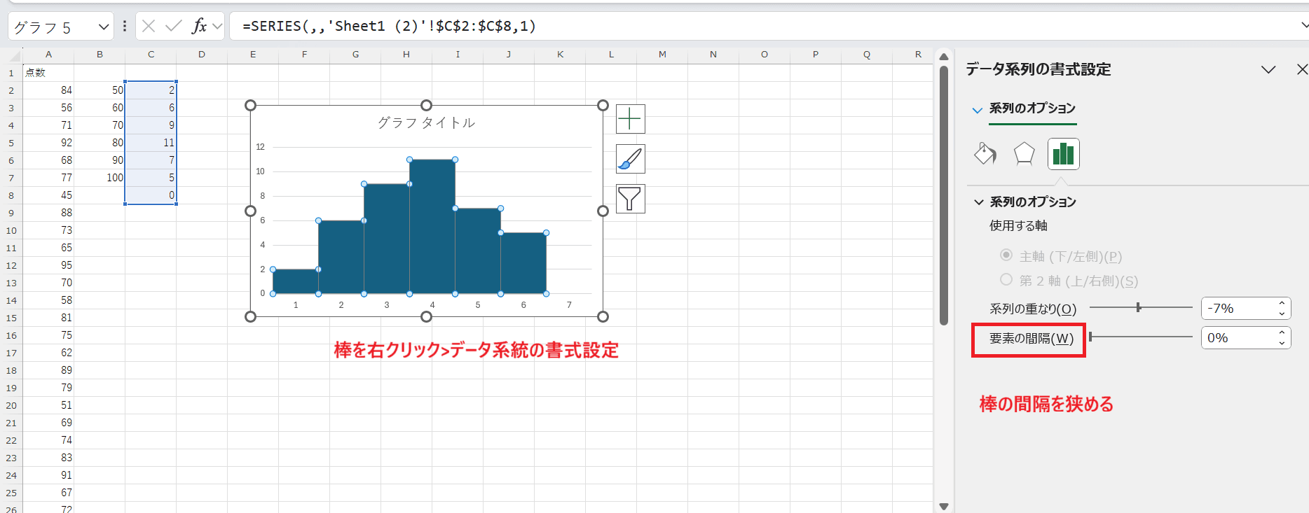 この表を元にして、Excelの「挿入」タブから「棒グラフ」を作成すれば、ヒストグラムの完成 この表を元にして、Excelの「挿入」タブから「棒グラフ」を作成すれば、ヒストグラムの完成