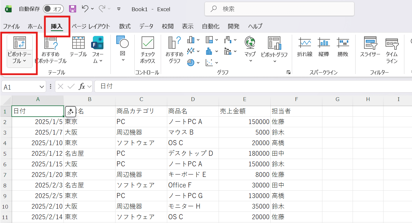 「グラフ」グループの中にある「ピボットグラフ」ボタンをクリック 「グラフ」グループの中にある「ピボットグラフ」ボタンをクリック