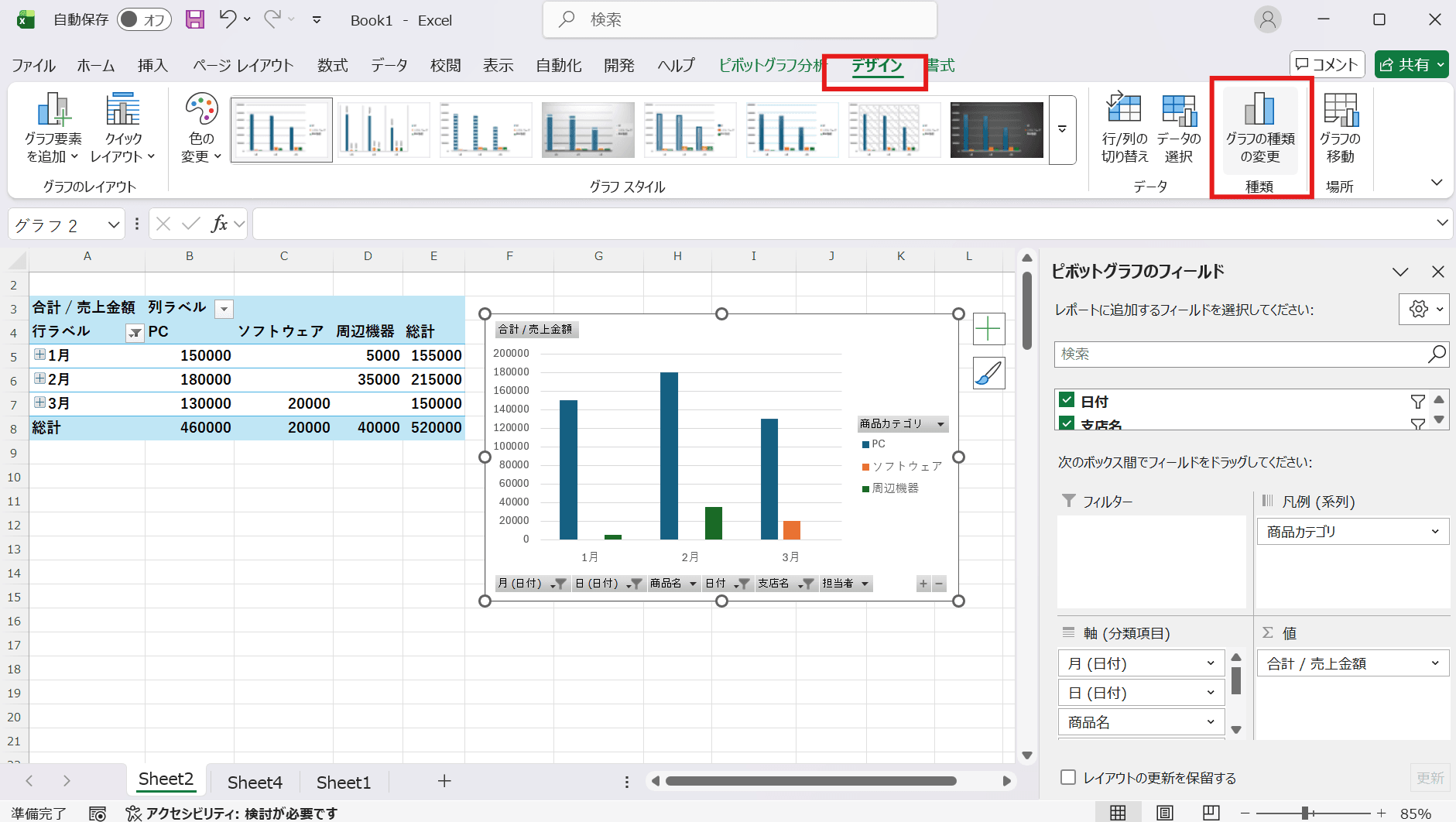 「デザイン」タブ(または「ピボットグラフ分析」タブ)から「グラフの種類の変更」をクリック 「デザイン」タブ(または「ピボットグラフ分析」タブ)から「グラフの種類の変更」をクリック