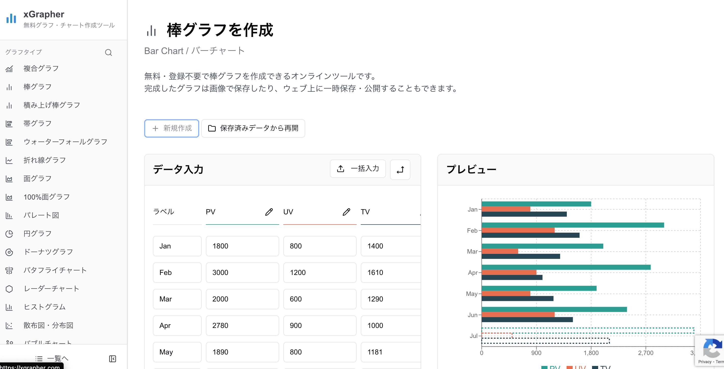 xGrapherの横棒グラフ作成画面 xGrapherの横棒グラフ作成画面